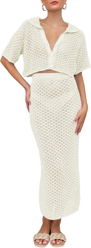 Saodimallsu Women Crochet Beach Cover Up Set Knit Crop Button Short Sleeve Collar Top Bodycon Long Skirt 2 Piece Outfits