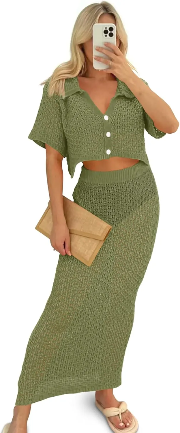 Saodimallsu Women Crochet Beach Cover Up Set Knit Crop Button Short Sleeve Collar Top Bodycon Long Skirt 2 Piece Outfits