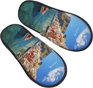 Seaside Town Furry House Slippers for Women Men Soft Fuzzy Slippers Indoor Casual Plush House Shoes