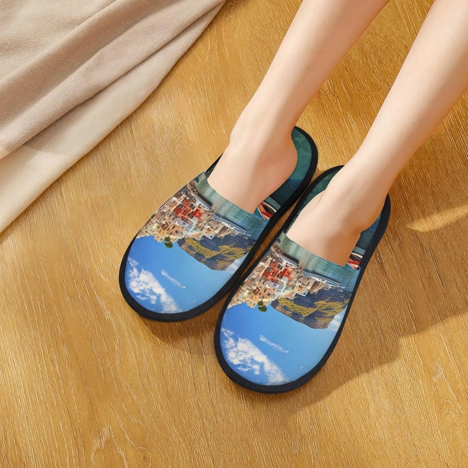 Seaside Town Furry House Slippers for Women Men Soft Fuzzy Slippers Indoor Casual Plush House Shoes
