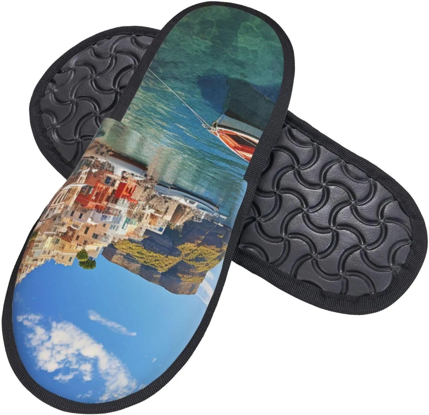 Seaside Town Furry House Slippers for Women Men Soft Fuzzy Slippers Indoor Casual Plush House Shoes