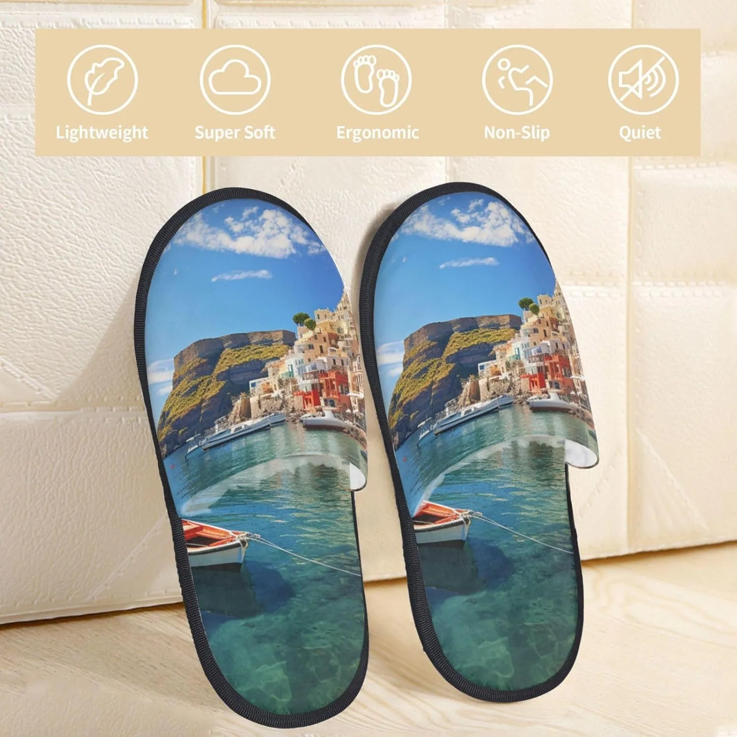 Seaside Town Furry House Slippers for Women Men Soft Fuzzy Slippers Indoor Casual Plush House Shoes
