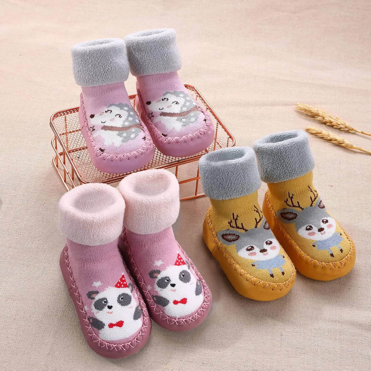 SEAUR 3 Pairs Toddler Slipper Socks Anti Skid Baby Sock Shoes for Walking Infant Moccasins Animal Crib Shoes Sock With Grips