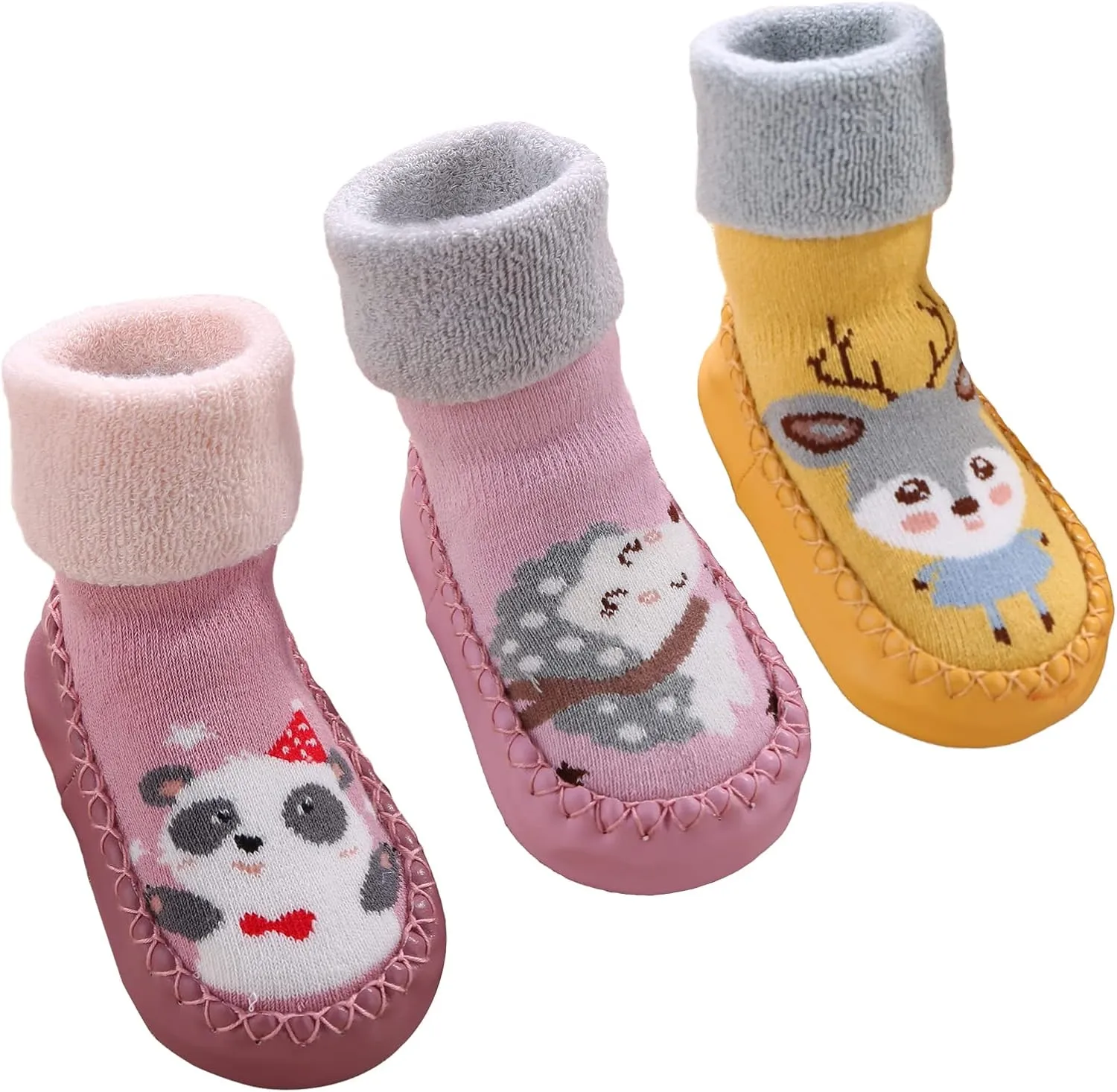 SEAUR 3 Pairs Toddler Slipper Socks Anti Skid Baby Sock Shoes for Walking Infant Moccasins Animal Crib Shoes Sock With Grips