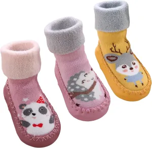 SEAUR 3 Pairs Toddler Slipper Socks Anti Skid Baby Sock Shoes for Walking Infant Moccasins Animal Crib Shoes Sock With Grips
