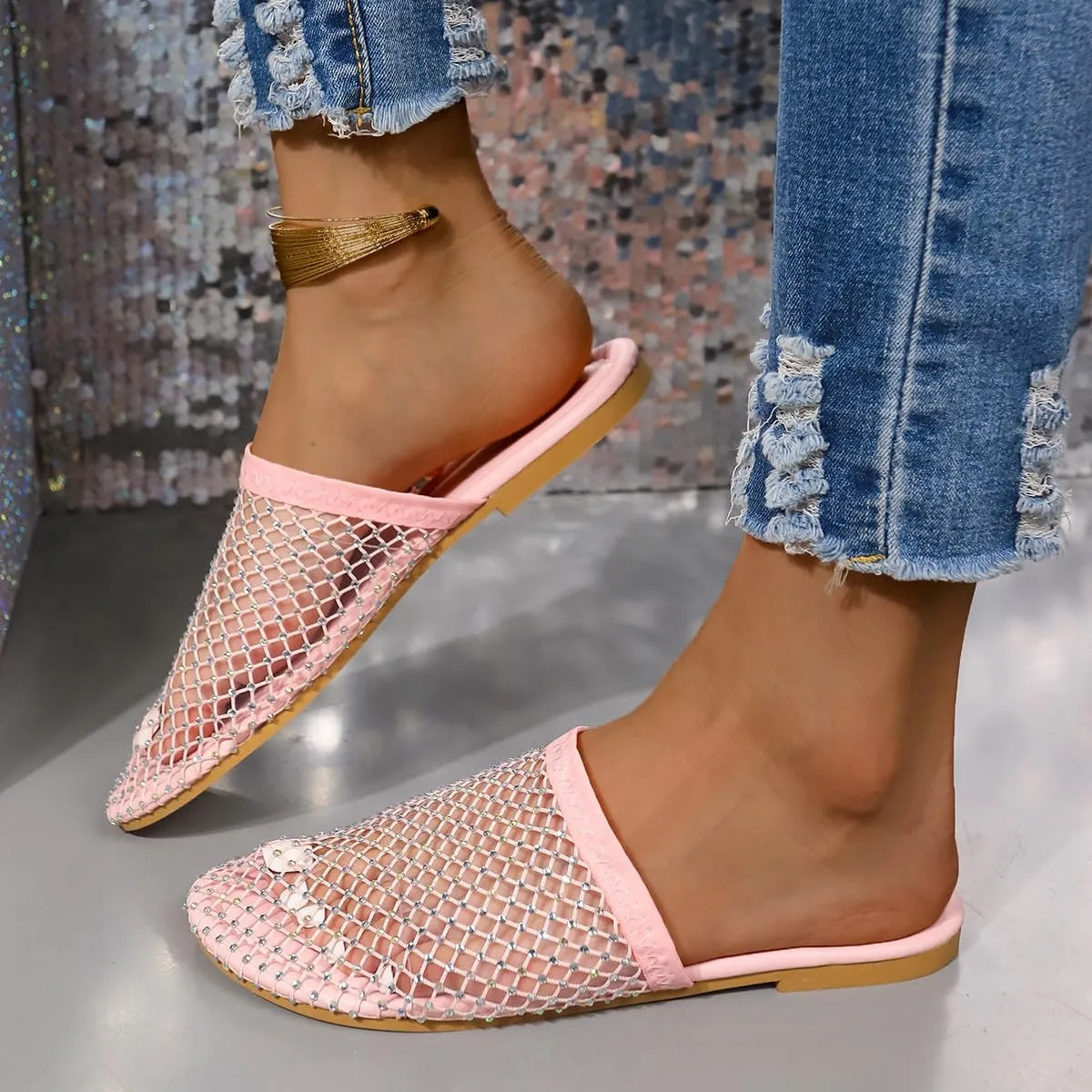 Shiny Rhinestone Mesh Flats, Bling Sandals for Women, Glittery Stretchy Net slipper Women Ultra Comfortable Shiny Gem Mesh Flats Sparkle slipper Toe Casual Slingback Flat slipper