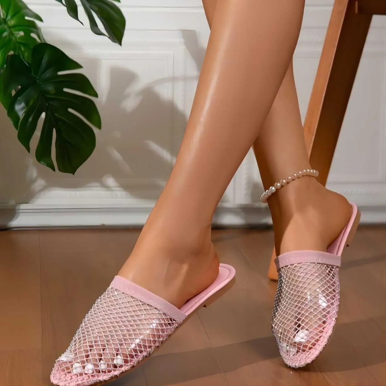 Shiny Rhinestone Mesh Flats, Bling Sandals for Women, Glittery Stretchy Net slipper Women Ultra Comfortable Shiny Gem Mesh Flats Sparkle slipper Toe Casual Slingback Flat slipper