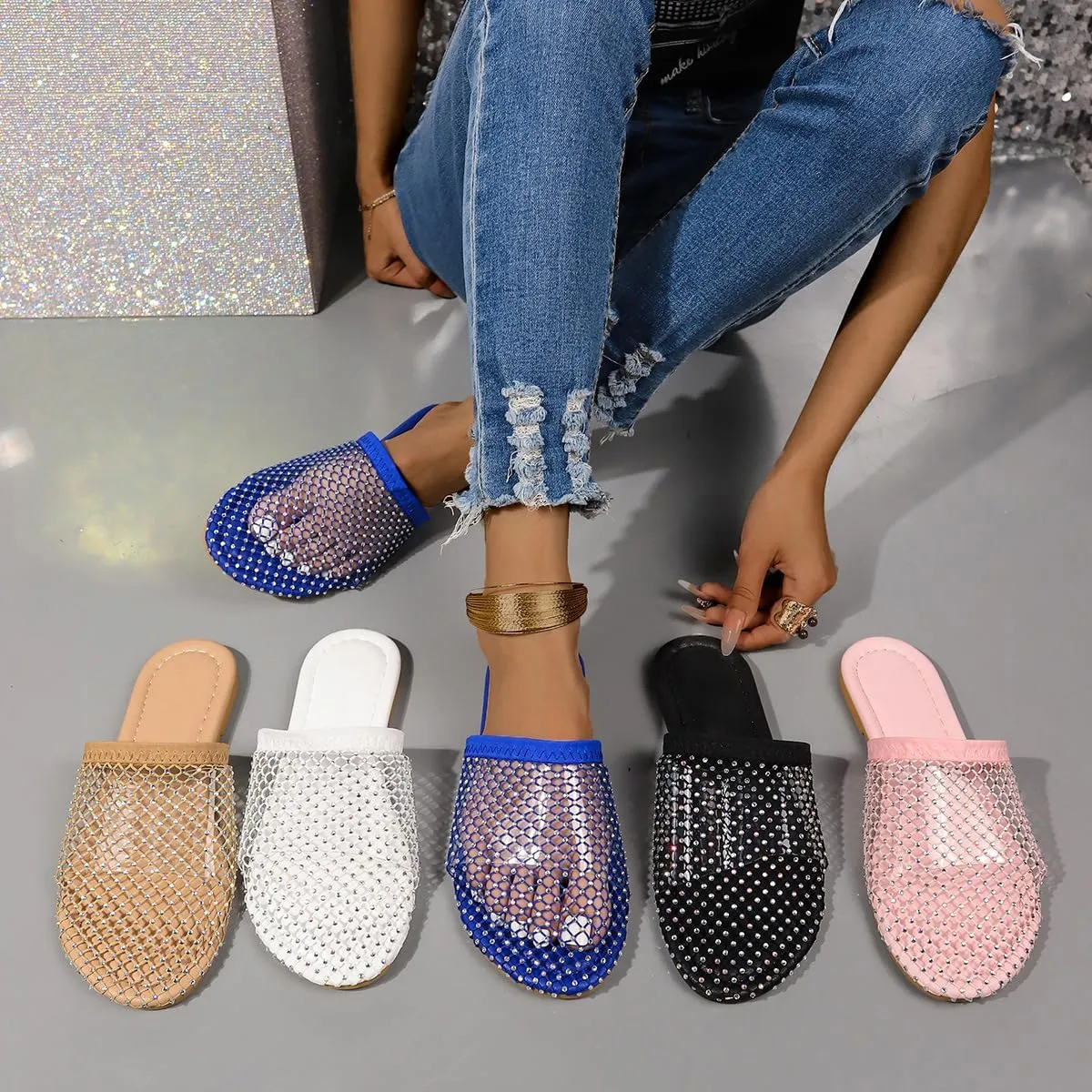 Shiny Rhinestone Mesh Flats, Bling Sandals for Women, Glittery Stretchy Net slipper Women Ultra Comfortable Shiny Gem Mesh Flats Sparkle slipper Toe Casual Slingback Flat slipper