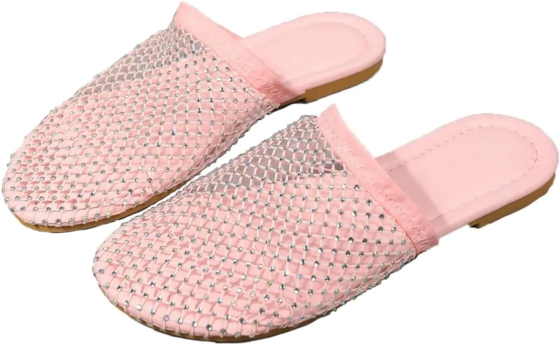 Shiny Rhinestone Mesh Flats, Bling Sandals for Women, Glittery Stretchy Net slipper Women Ultra Comfortable Shiny Gem Mesh Flats Sparkle slipper Toe Casual Slingback Flat slipper