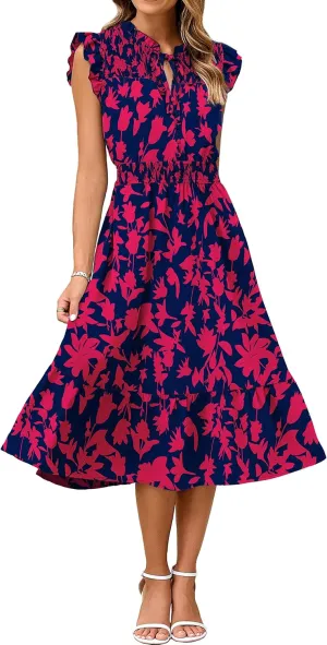 Simplee Womens Summer Floral Midi Dress V Neck Ruffle Short Sleeve Flowy Dress Drawstring Boho Casual Beach Long Dresses