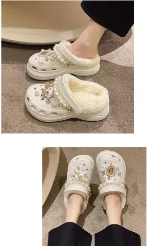 Solid Color Thermal Lined Clogs, Slip On Soft Sole Platform Non-Slip Fuzzy Shoes, Winter Plush Closed Toe Shoes