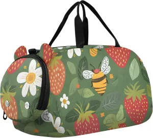 Strawberry Bee Design Youth Sports Duffel Bag with Ventilated Shoe Compartment|All-Season Lightweight Travel Gym Bag for Girls & Boys|Water-Resistant Gear Bag