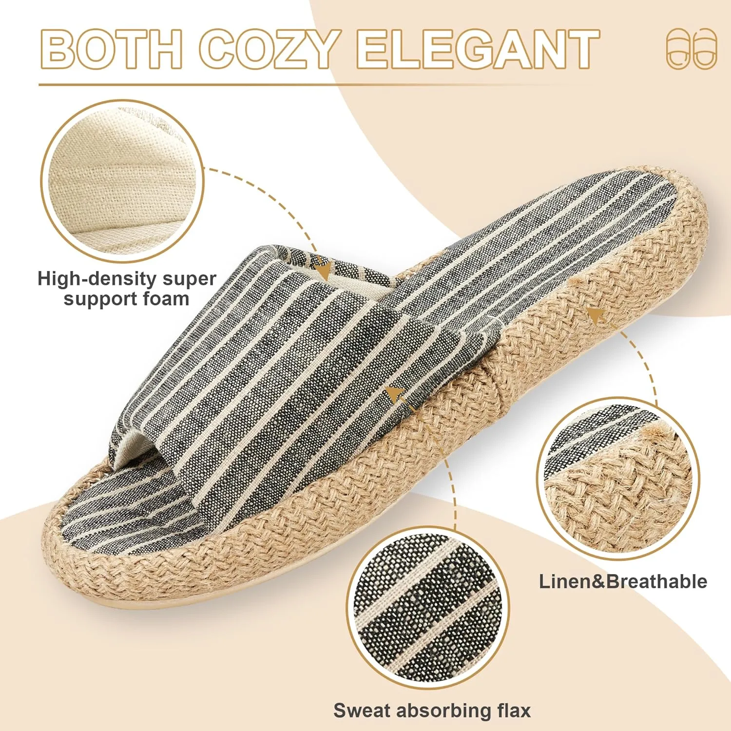 Summer House Slippers for Women Indoor Open Toe Women House Slippers Cotton and Linen Shoes Breathable Home TPR Outsole