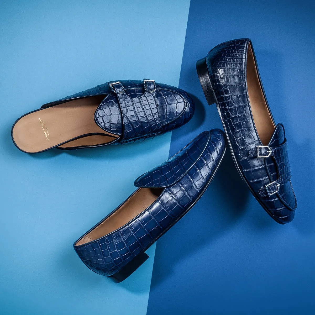 TANGERINE 7 CROCODILE NAVY MULES