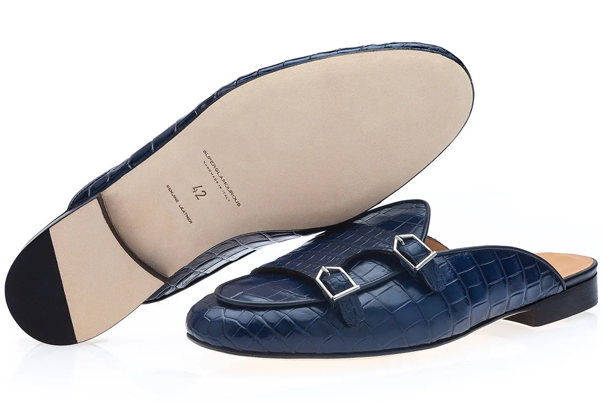 TANGERINE 7 CROCODILE NAVY MULES