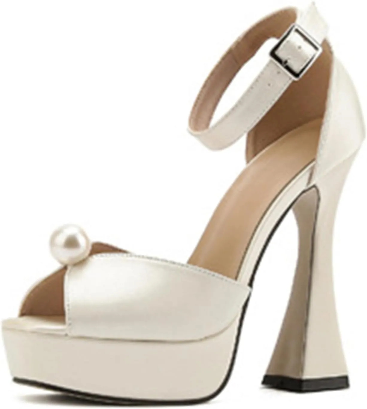 TDA Womens Ankle Strap Buckle Sandals Pearl Platform Peep Toe High Heel Wedding Party Shoes