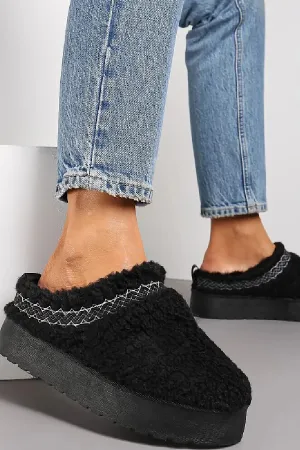 Teddy Faux Fur Flatform Slippers Black