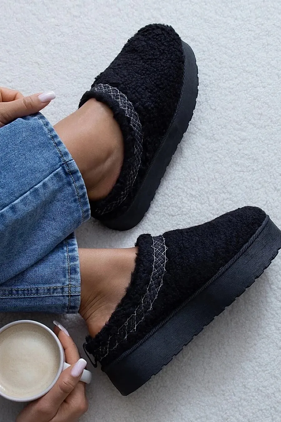 Teddy Faux Fur Flatform Slippers Black
