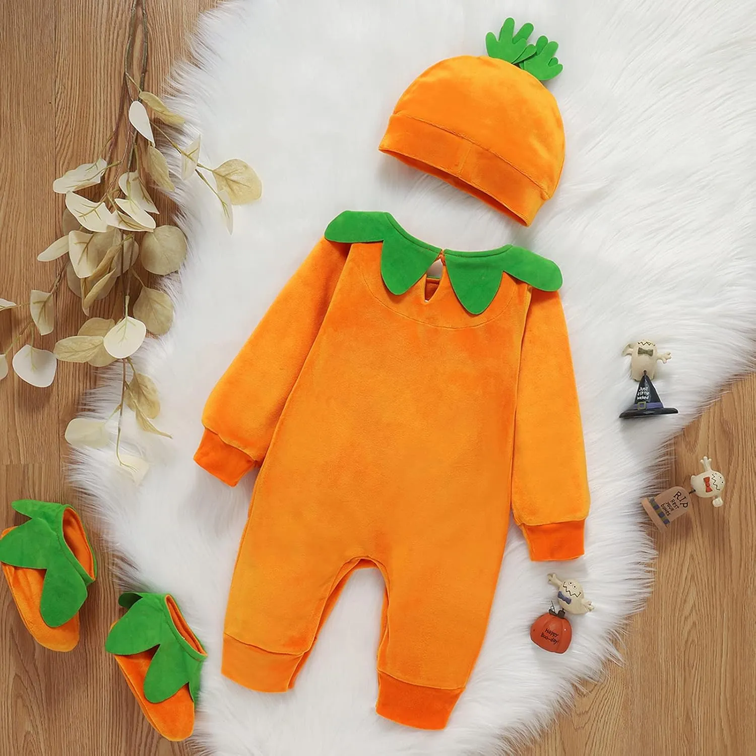 Toddler Baby Girls Boys Halloween Long Sleeve Pumpkin Face Pattern Romper  Cap  Slipper Socks 3Pcs Outfits
