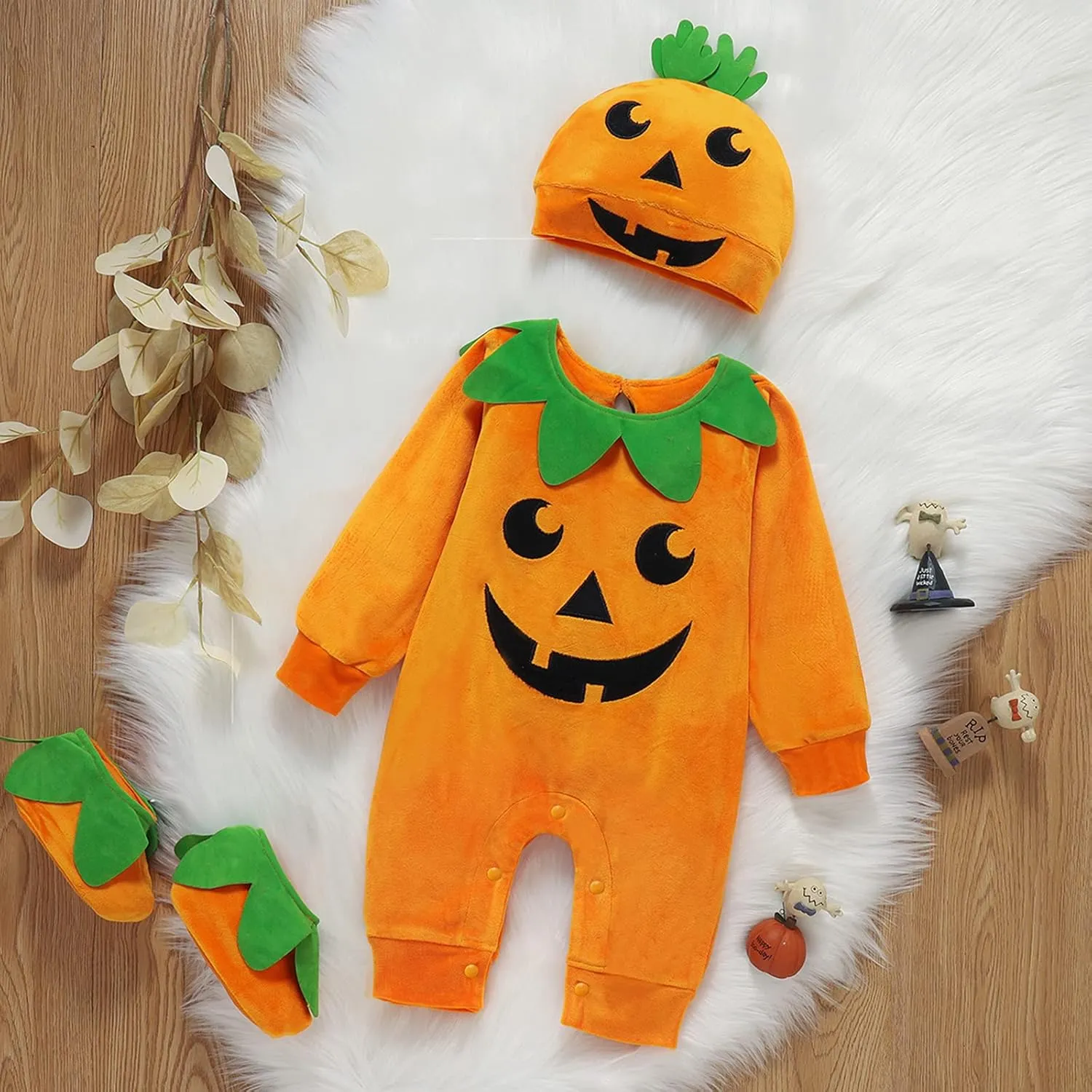 Toddler Baby Girls Boys Halloween Long Sleeve Pumpkin Face Pattern Romper  Cap  Slipper Socks 3Pcs Outfits