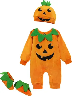 Toddler Baby Girls Boys Halloween Long Sleeve Pumpkin Face Pattern Romper  Cap  Slipper Socks 3Pcs Outfits