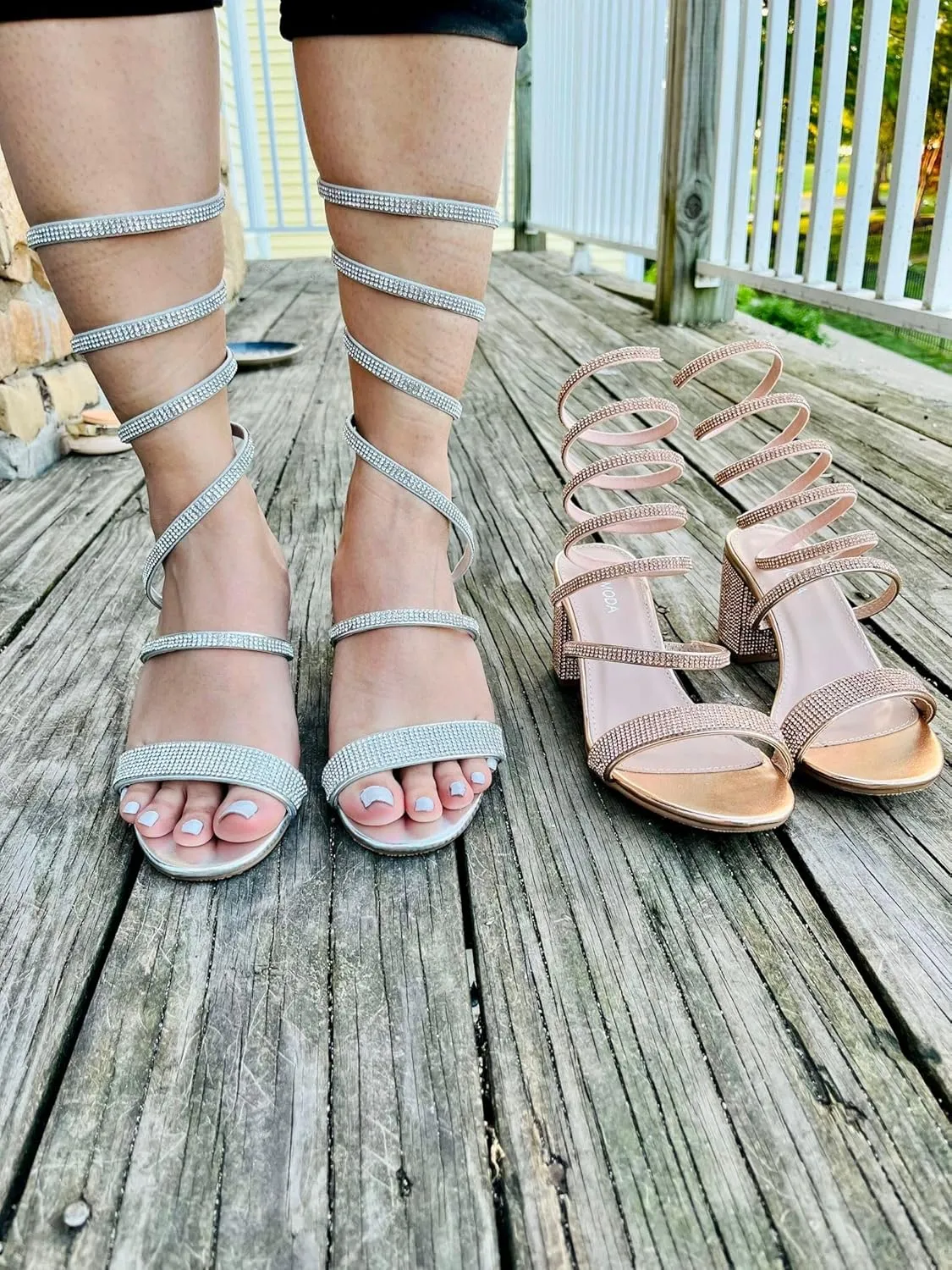 TOP Moda Women's Rhinestone Strappy Spiral Ankle Strap Low Chunky Block Heel Sandals