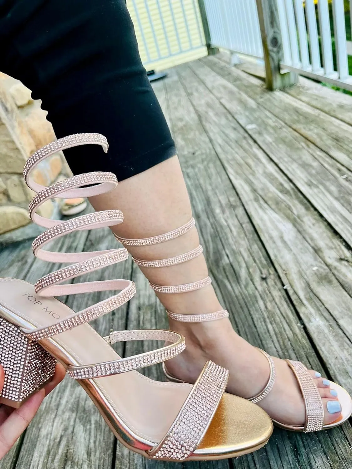 TOP Moda Women's Rhinestone Strappy Spiral Ankle Strap Low Chunky Block Heel Sandals