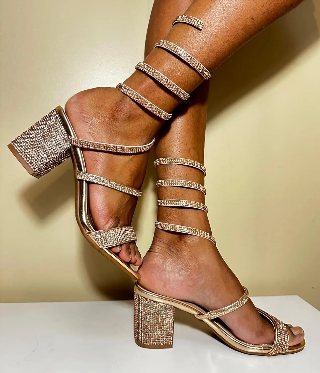 TOP Moda Women's Rhinestone Strappy Spiral Ankle Strap Low Chunky Block Heel Sandals