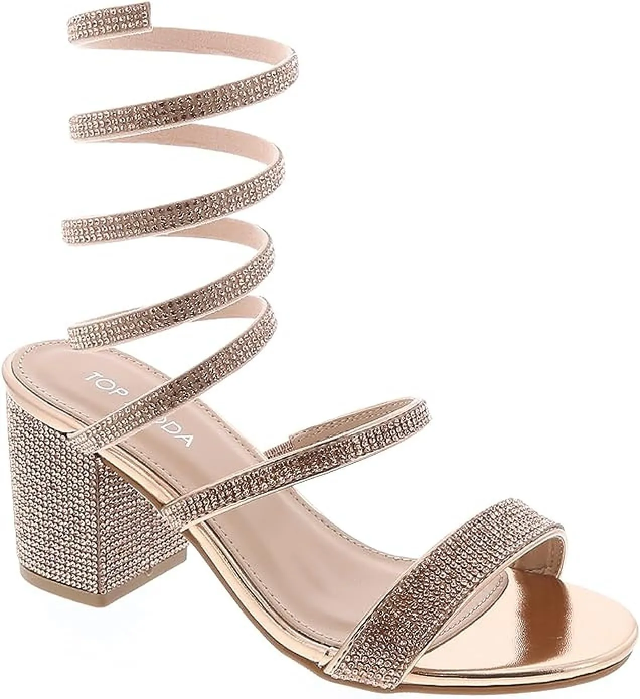 TOP Moda Women's Rhinestone Strappy Spiral Ankle Strap Low Chunky Block Heel Sandals