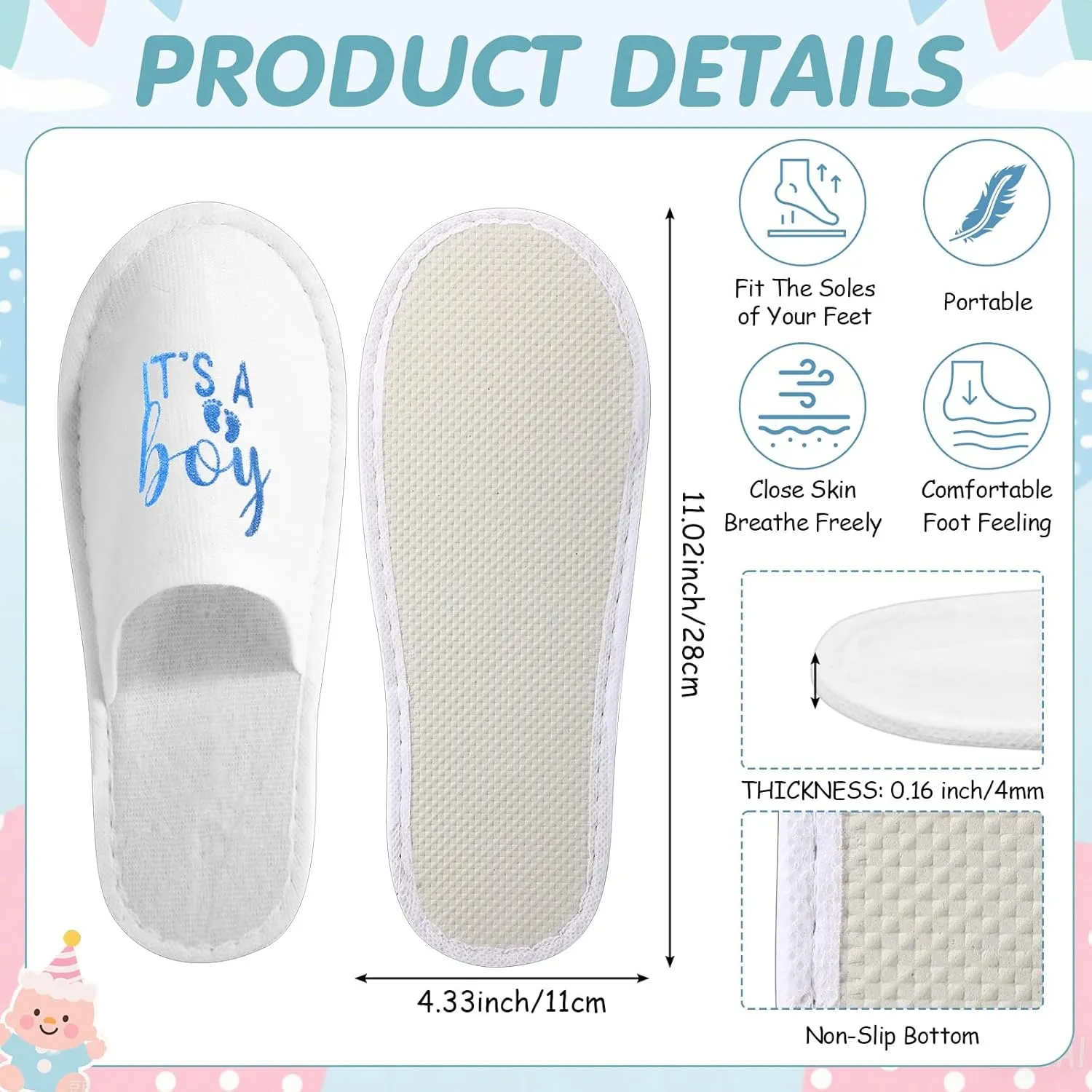 Toulite 25 Pairs Baby Shower Slippers Favors for Guest Bulk Disposable White Slippers, Us Men Size 10, Women 11