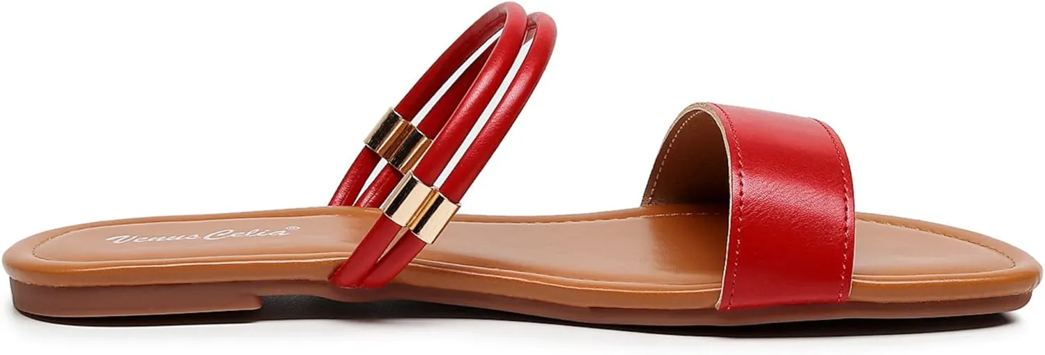 VenusCelia Women's Double Straps Wide Flat Sandal