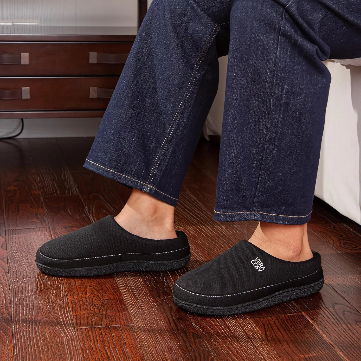 VeraCosy Men's Cozy Knit Slipper Breathable Memory Foam Indoor House Shoes with None Slip Rubber Sole