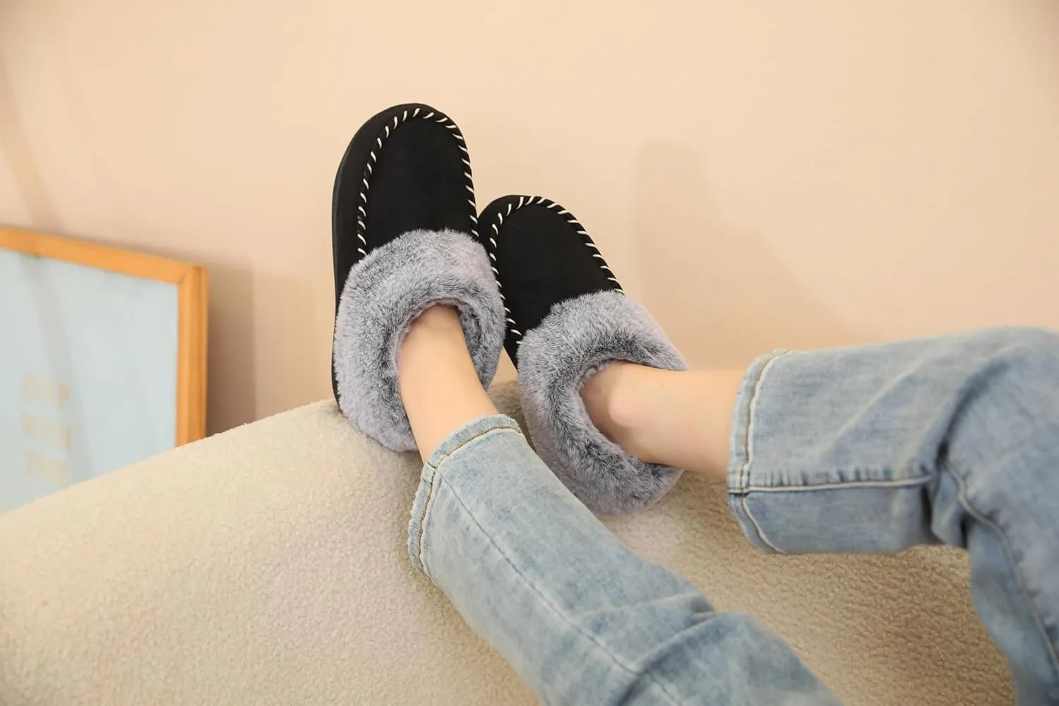 VONMAY Women's Bootie Slippers Suede Moccasin Boots Fuzzy Plush Faux Fur House Shoes Winter Warm Memory Foam Non-slip Indoor Outdoor