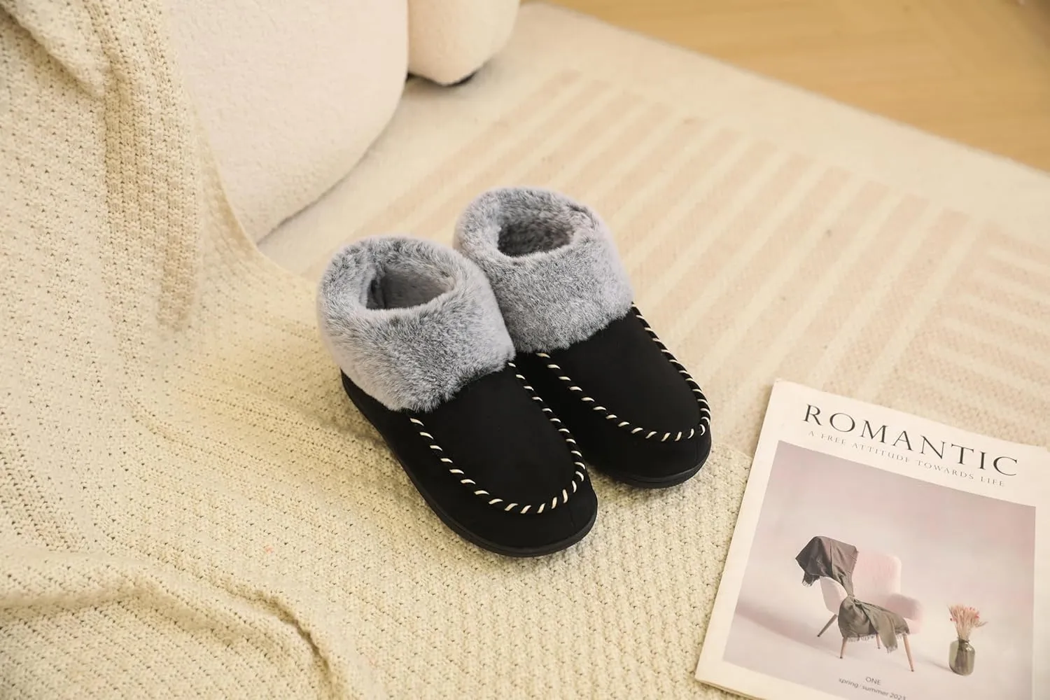 VONMAY Women's Bootie Slippers Suede Moccasin Boots Fuzzy Plush Faux Fur House Shoes Winter Warm Memory Foam Non-slip Indoor Outdoor