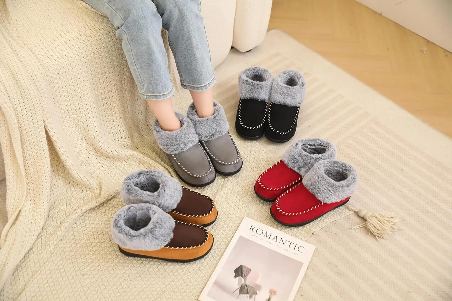 VONMAY Women's Bootie Slippers Suede Moccasin Boots Fuzzy Plush Faux Fur House Shoes Winter Warm Memory Foam Non-slip Indoor Outdoor
