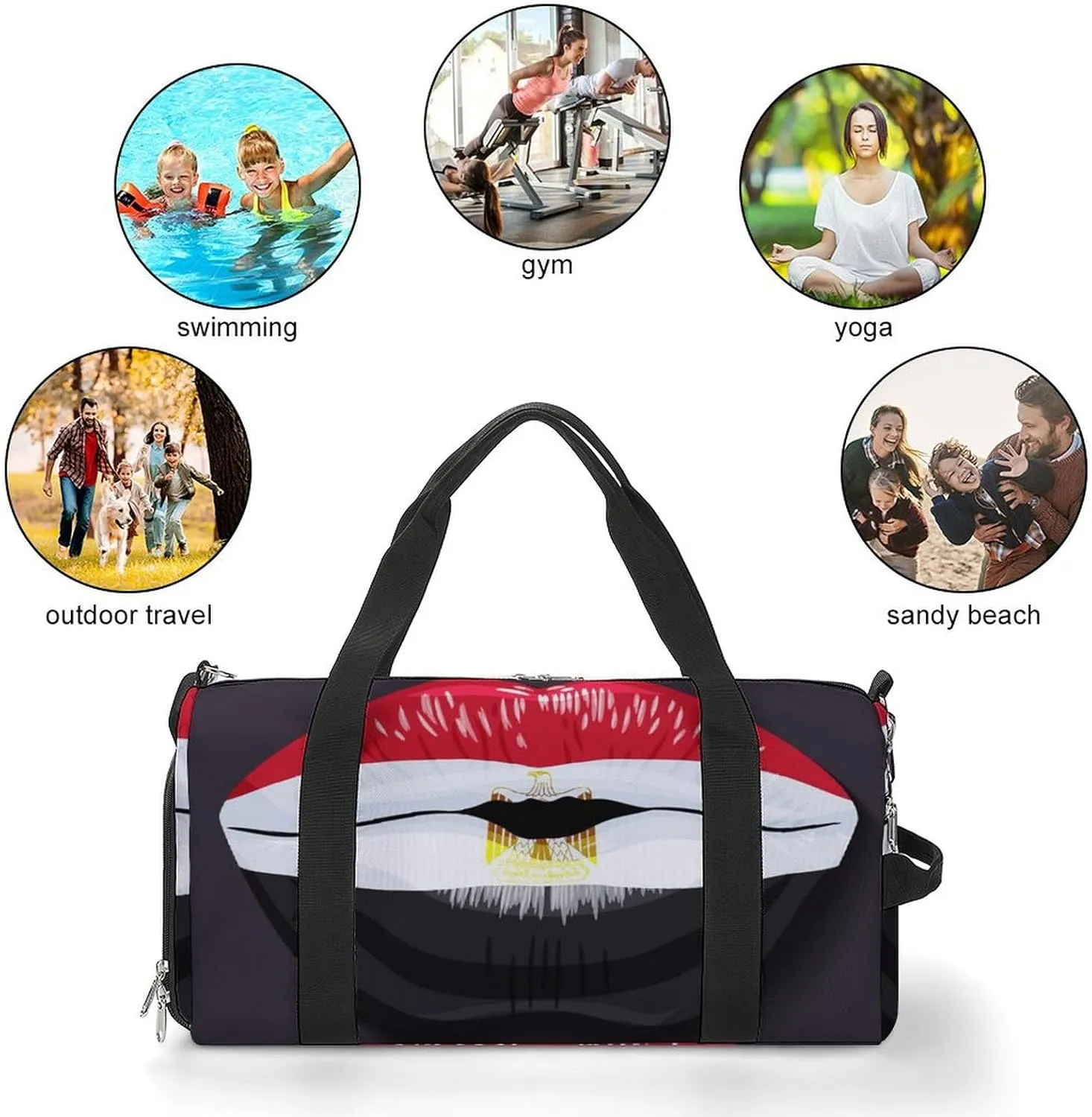Waterproof Egypt Flag Lips Duffel Bag with Shoe Compartment Lightweight Travel Gym Bag