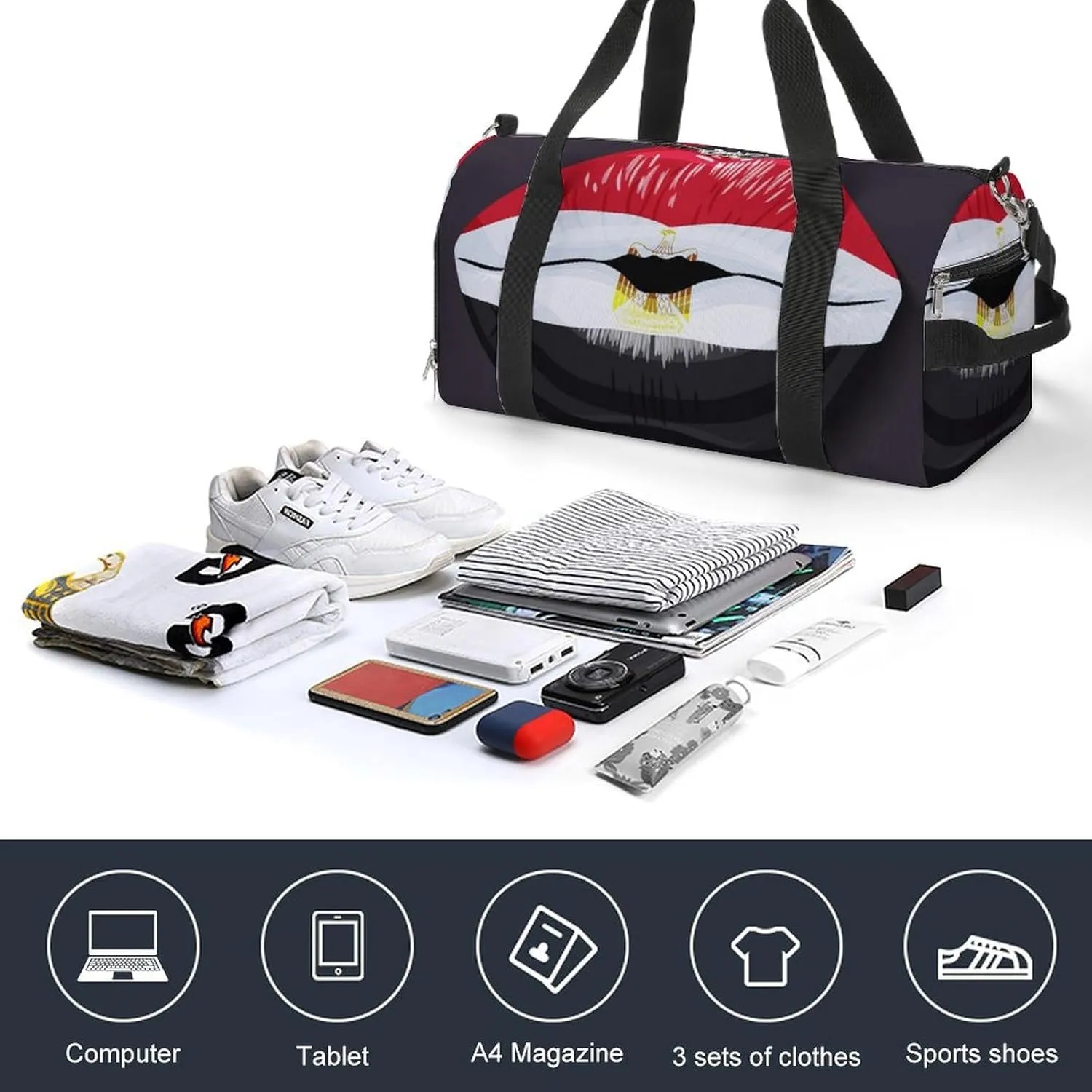 Waterproof Egypt Flag Lips Duffel Bag with Shoe Compartment Lightweight Travel Gym Bag