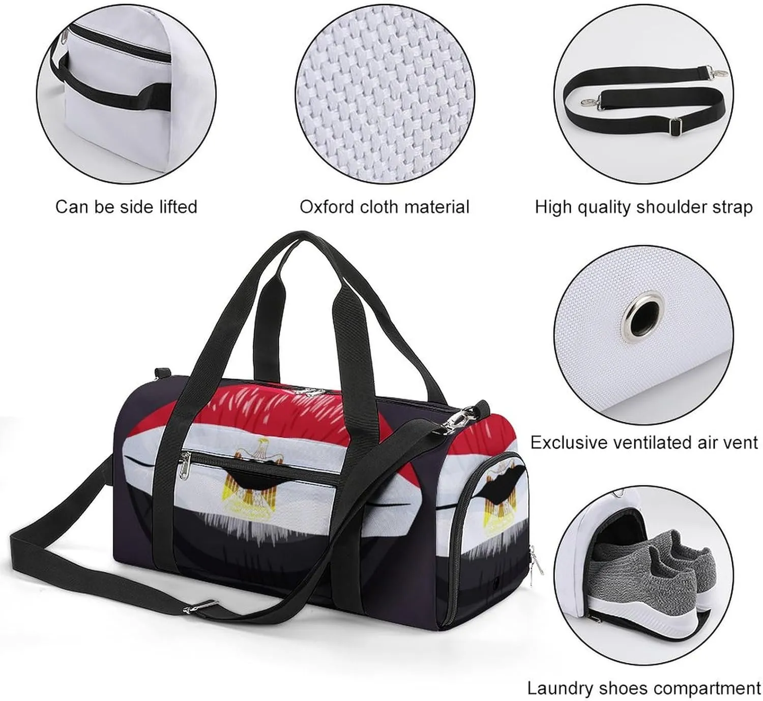 Waterproof Egypt Flag Lips Duffel Bag with Shoe Compartment Lightweight Travel Gym Bag
