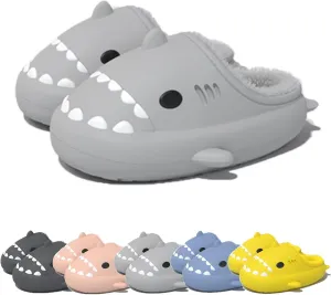 Winter Cloud Slides Shark Slippers Adults Cartoon Fuzzy Slippers Nonslip Soft Comfy Home Slippers (Grey,5.5,6,Men,4,4.5,Women,Medium)