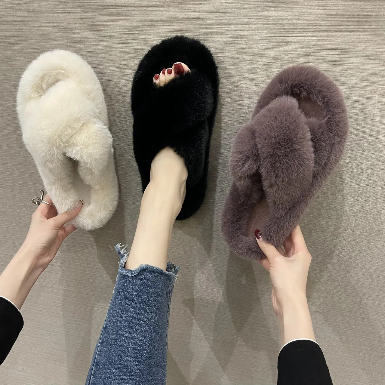 Winter Cross Fur Slipper Women's Fashion Warm Plush Slipper