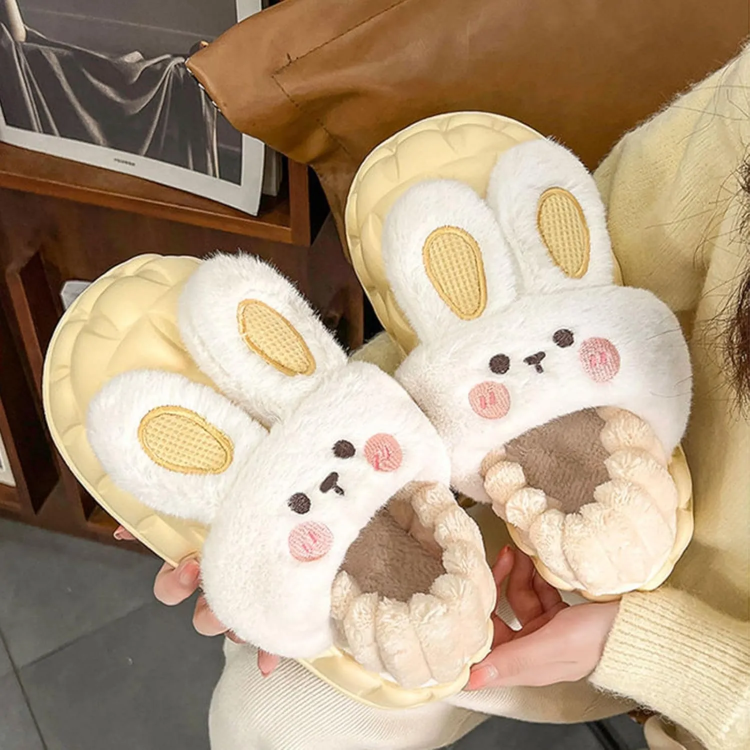 Women Cute Rabbit Ear Plush Slippers House Non-Slip Fluffy Bunny Slipper Indoor Warm Plush Animal Shoes Birthday Holiday Gifts for Girls Ladies