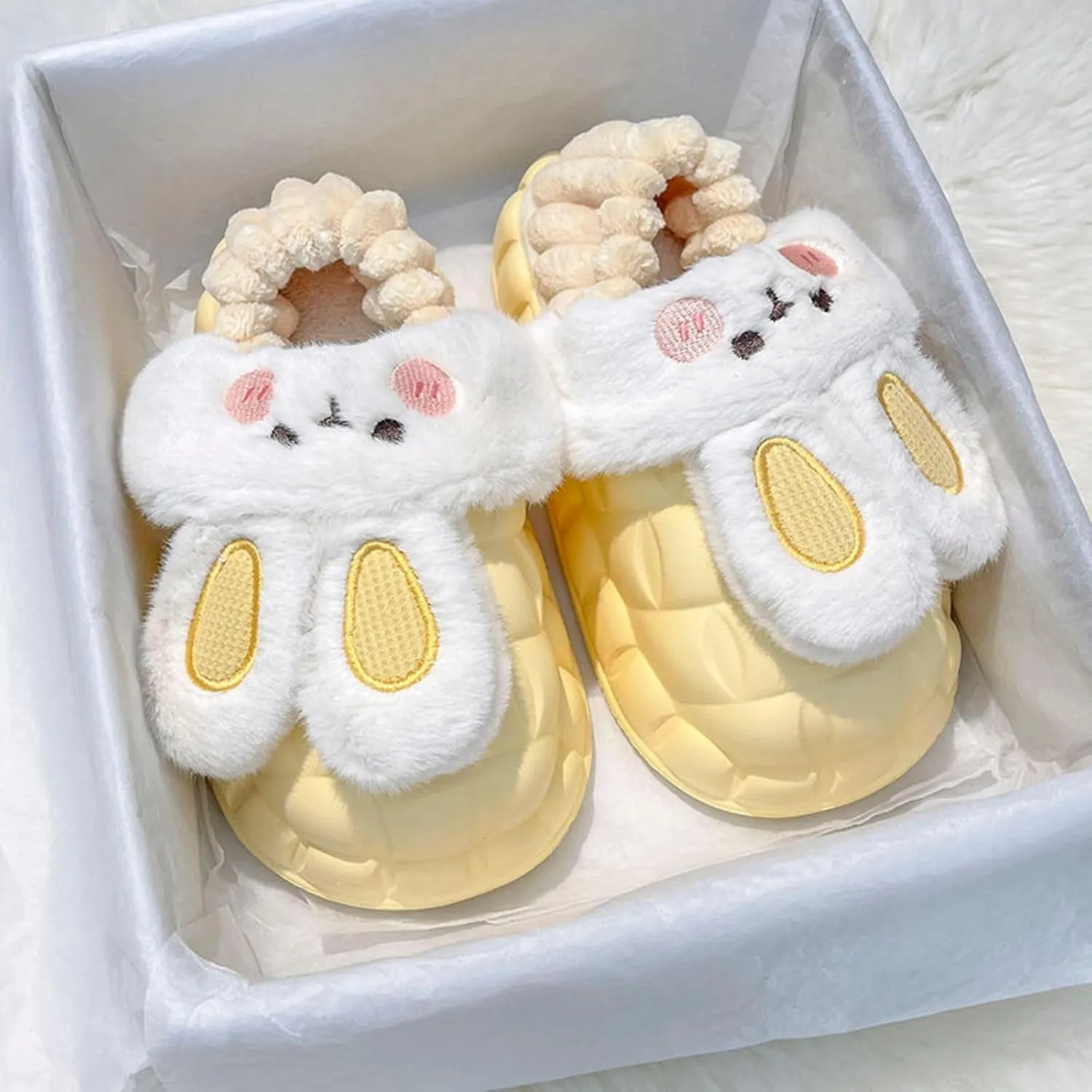 Women Cute Rabbit Ear Plush Slippers House Non-Slip Fluffy Bunny Slipper Indoor Warm Plush Animal Shoes Birthday Holiday Gifts for Girls Ladies