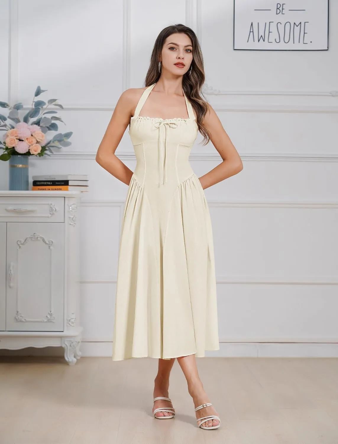 Women Floral Corset Dress Summer Dresses Boho Flowy Adjustable Halter Neck Lace Up Midi Dresses A Line Casual Sundress