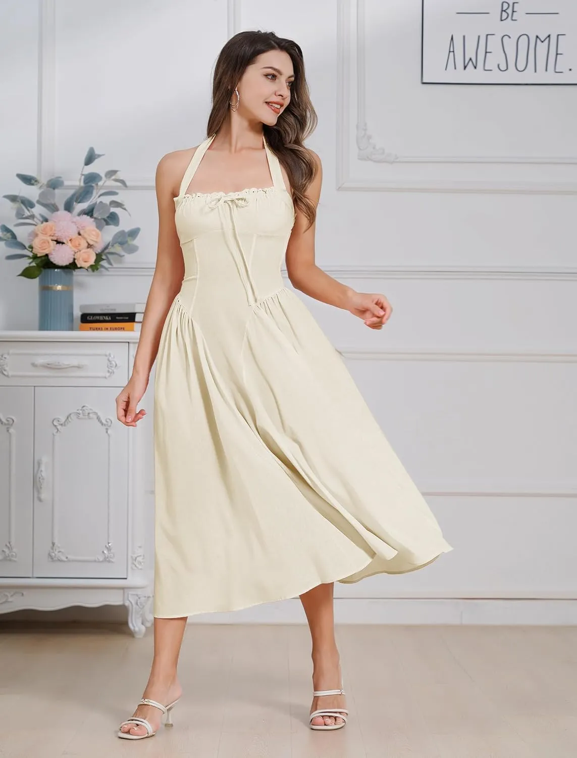 Women Floral Corset Dress Summer Dresses Boho Flowy Adjustable Halter Neck Lace Up Midi Dresses A Line Casual Sundress