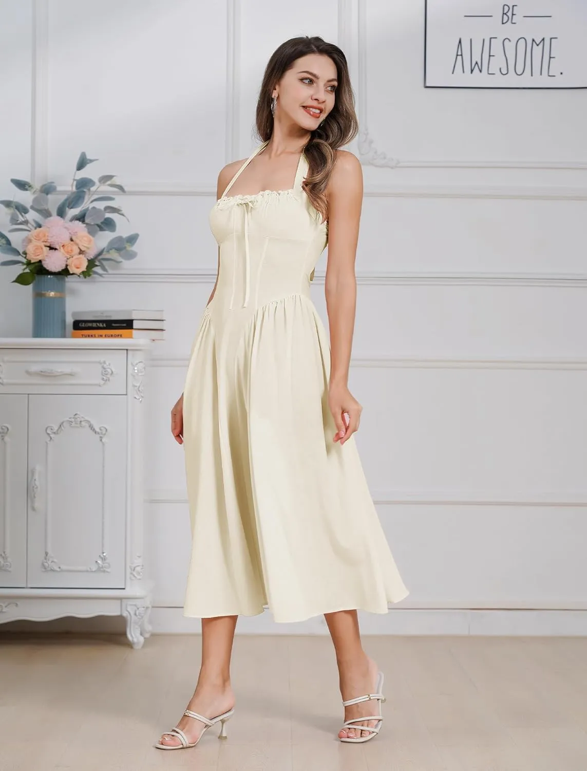 Women Floral Corset Dress Summer Dresses Boho Flowy Adjustable Halter Neck Lace Up Midi Dresses A Line Casual Sundress