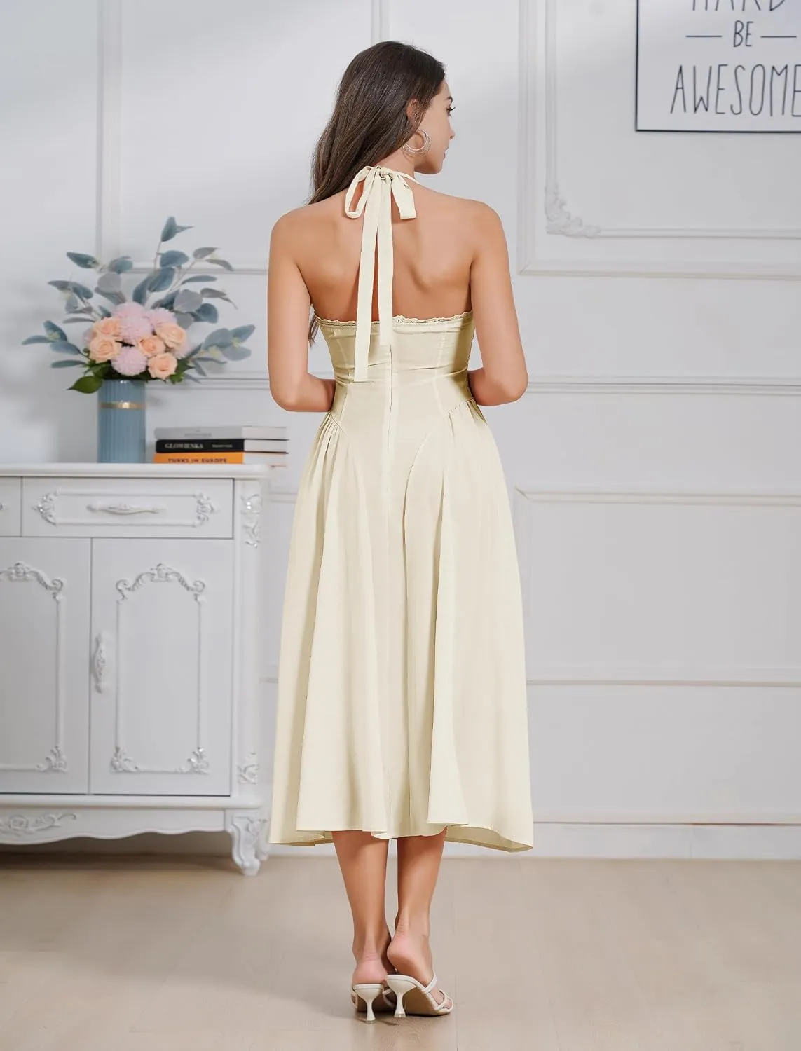 Women Floral Corset Dress Summer Dresses Boho Flowy Adjustable Halter Neck Lace Up Midi Dresses A Line Casual Sundress