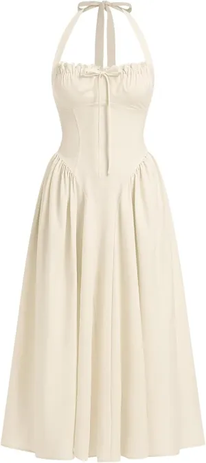 Women Floral Corset Dress Summer Dresses Boho Flowy Adjustable Halter Neck Lace Up Midi Dresses A Line Casual Sundress