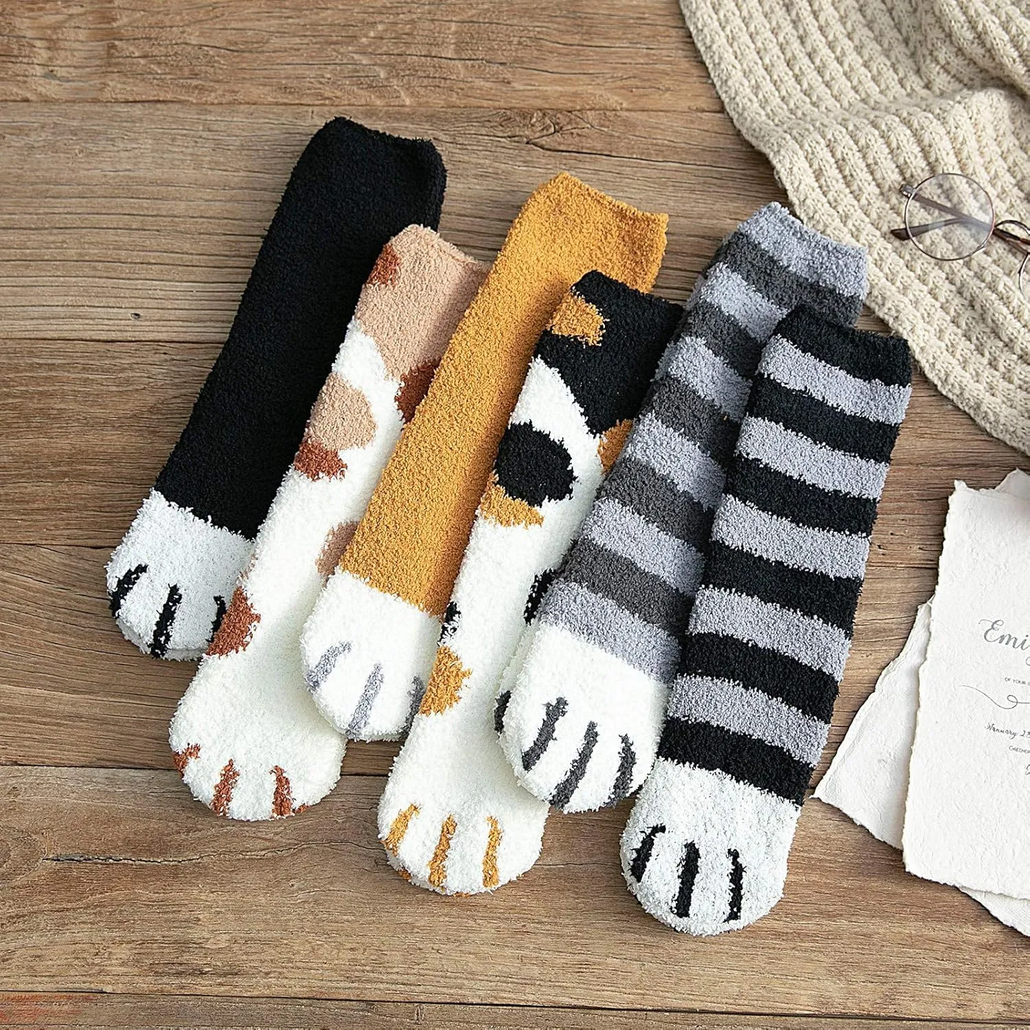 Women Fuzzy Socks Cozy Soft Warm Fluffy Cute Animal Socks Cat Paw Slipper Socks Sleeping Socks Christmas Gift for Women Girls 5/6 Pairs