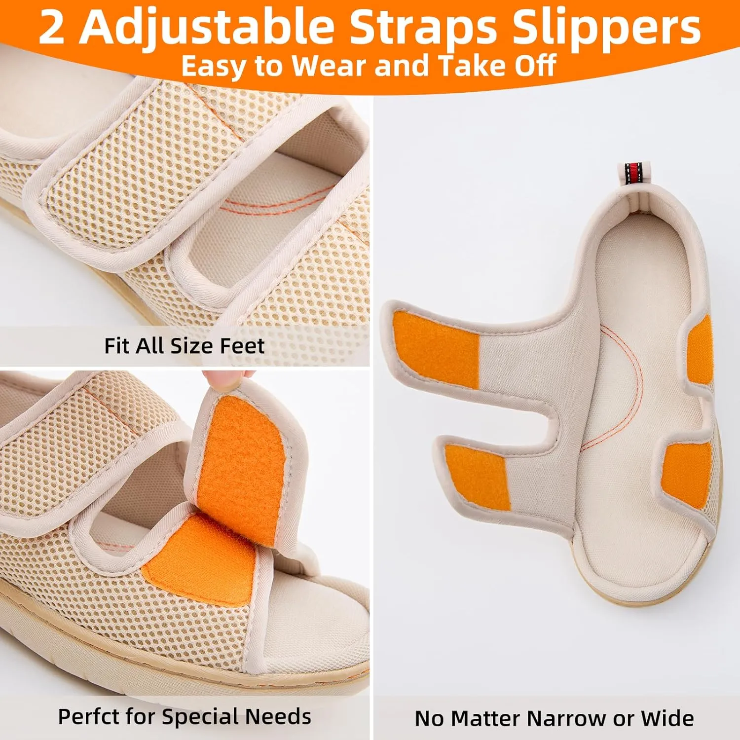 Women Men's Open Toe Diabetic Recovery Slippers Adjustable Slipper with Anti-Slip Indoor Outdoor Sole Grey Black Beige Color US6-US13