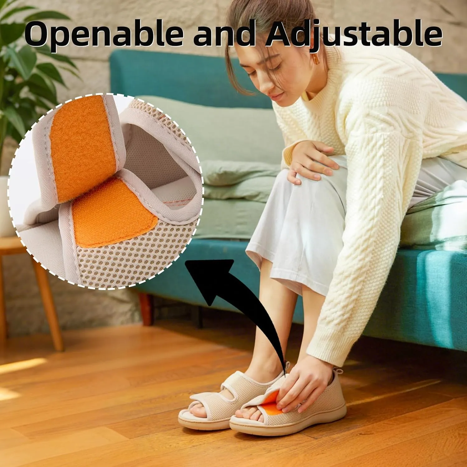 Women Men's Open Toe Diabetic Recovery Slippers Adjustable Slipper with Anti-Slip Indoor Outdoor Sole Grey Black Beige Color US6-US13